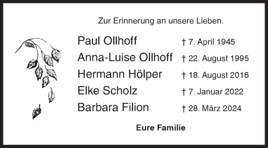 Traueranzeige von Barbara Filion von Siegener Zeitung