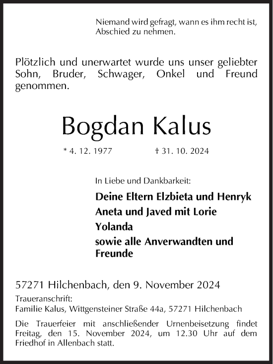 Traueranzeige von Bogdan Kalus von Siegener Zeitung