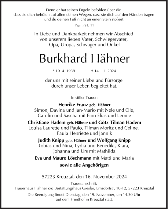Traueranzeige von Burkhard Hähner von Siegener Zeitung
