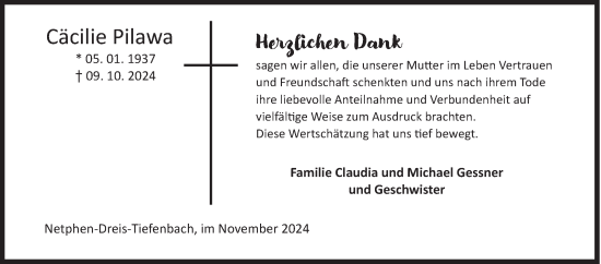 Traueranzeige von Cäcilie Pilawa von Siegener Zeitung