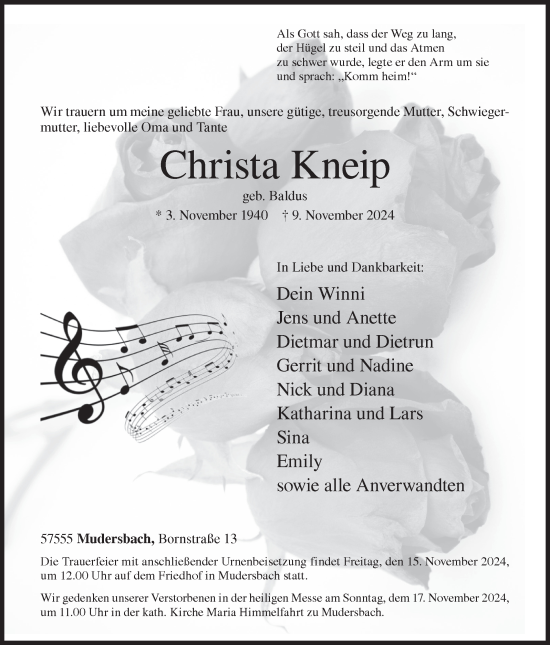 Traueranzeige von Christa Kneip von Siegener Zeitung