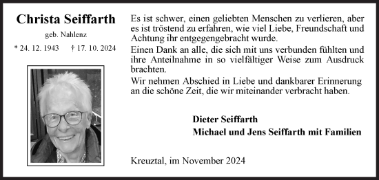 Traueranzeige von Christa Seiffarth von Siegener Zeitung