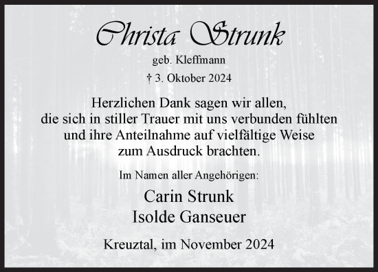 Traueranzeige von Christa Strunk von Siegener Zeitung