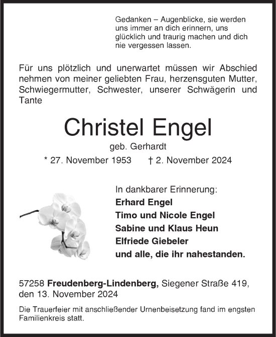 Traueranzeige von Christel Engel von Siegener Zeitung
