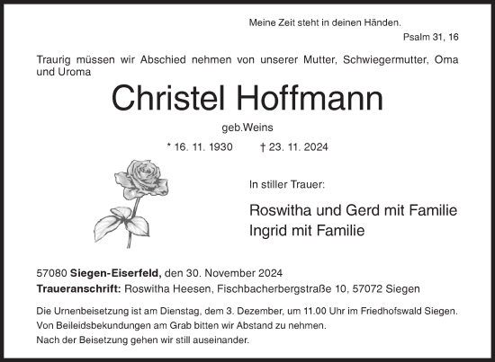 Traueranzeige von Christel Hoffmann von Siegener Zeitung