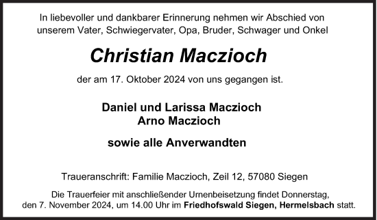Traueranzeige von Christian Maczioch von Siegener Zeitung