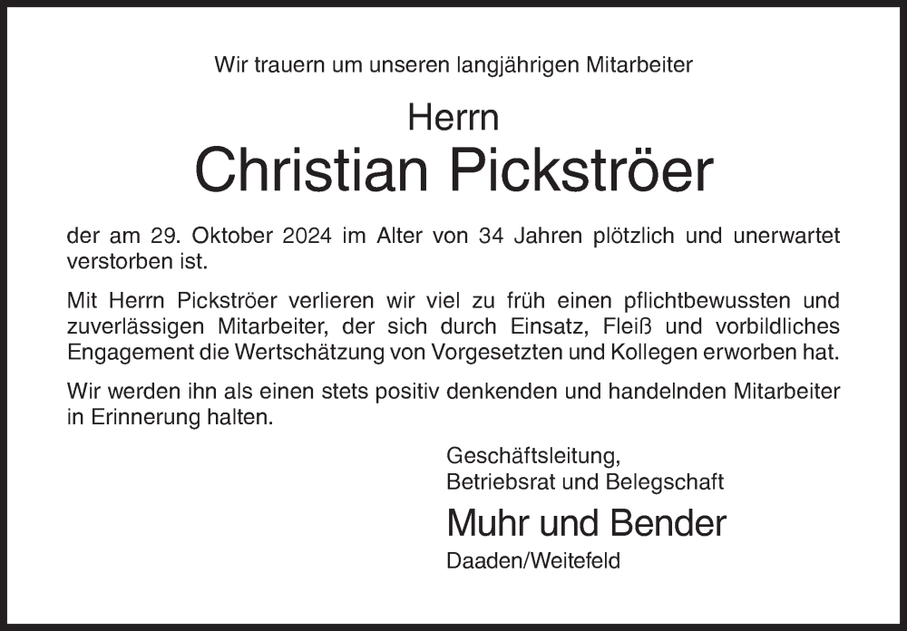  Traueranzeige für Christian Pickströer vom 09.11.2024 aus Siegener Zeitung