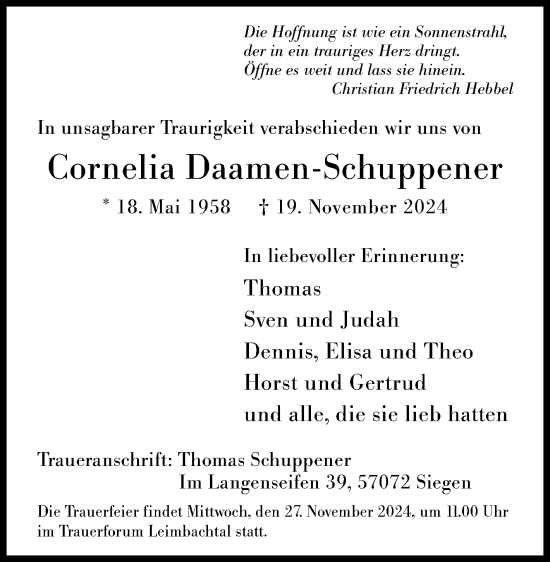 Traueranzeige von Cornelia Daamen-Schuppener von Siegener Zeitung