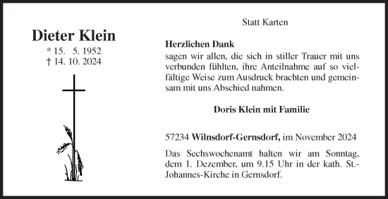Traueranzeige von Dieter Klein von Siegener Zeitung