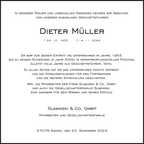 Traueranzeige von Dieter Müller von Siegener Zeitung