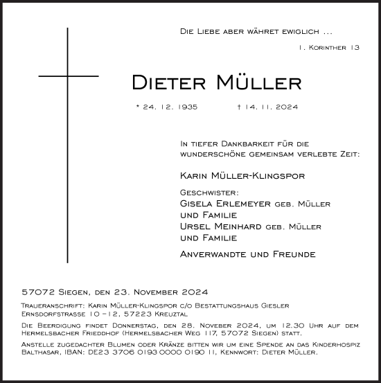 Traueranzeige von Dieter Müller von Siegener Zeitung