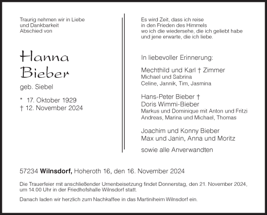 Traueranzeige von Doris Wimmi-Bieber von Siegener Zeitung