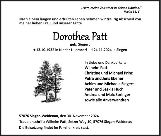 Traueranzeige von Dorothea Patt von Siegener Zeitung