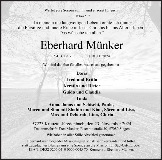 Traueranzeige von Eberhard Münker von Siegener Zeitung