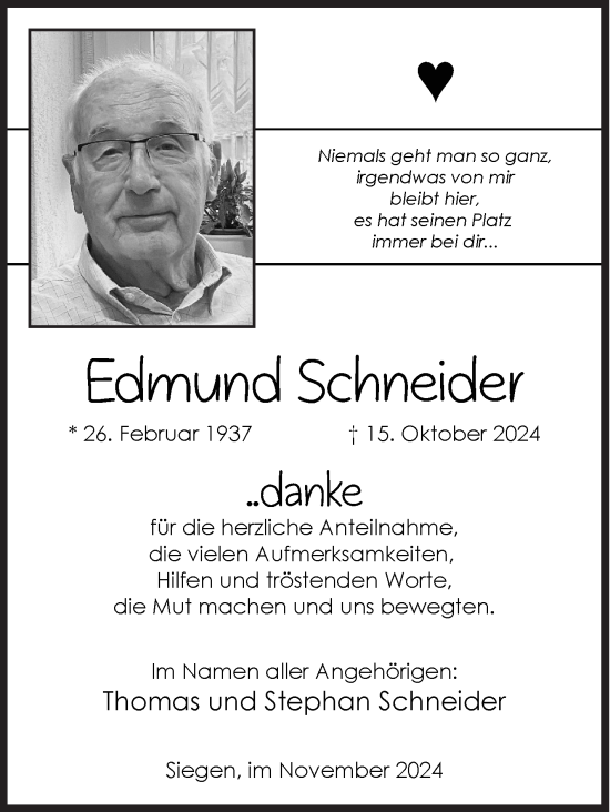Traueranzeige von Edmund Schneider von Siegener Zeitung