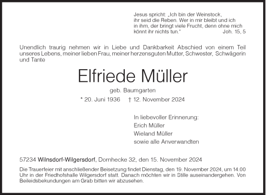 Traueranzeige von Elfriede Müller von Siegener Zeitung