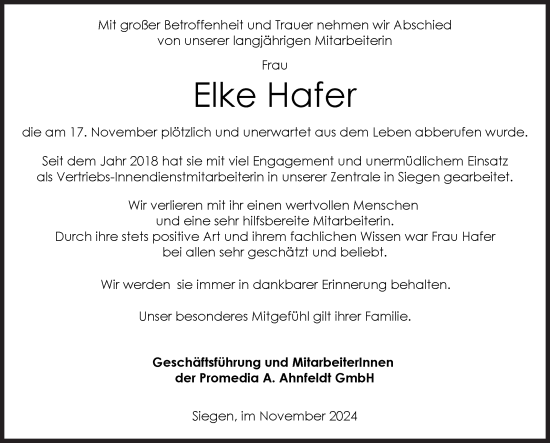 Traueranzeige von Elke Hafer von Siegener Zeitung
