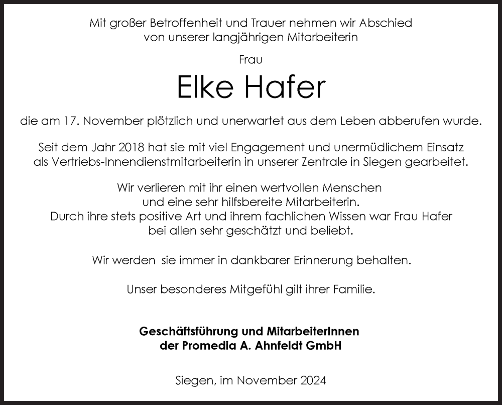  Traueranzeige für Elke Hafer vom 21.11.2024 aus Siegener Zeitung