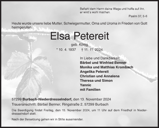 Traueranzeige von Elsa Petereit von Siegener Zeitung