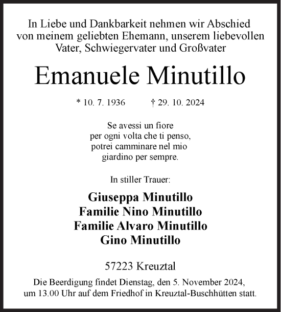 Traueranzeige von Emanuele Minutillo von Siegener Zeitung
