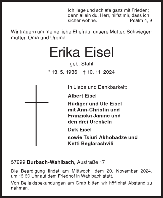 Traueranzeige von Erika Eisel von Siegener Zeitung