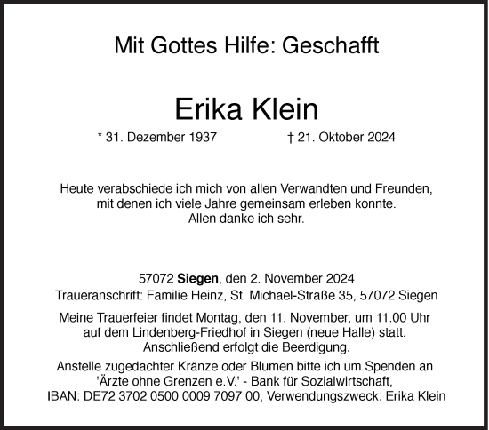 Traueranzeige von Erika Klein von Siegener Zeitung