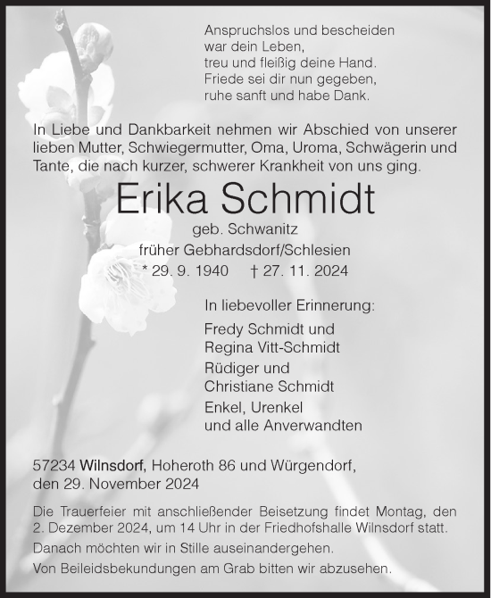 Traueranzeige von Erika Schmidt von Siegener Zeitung
