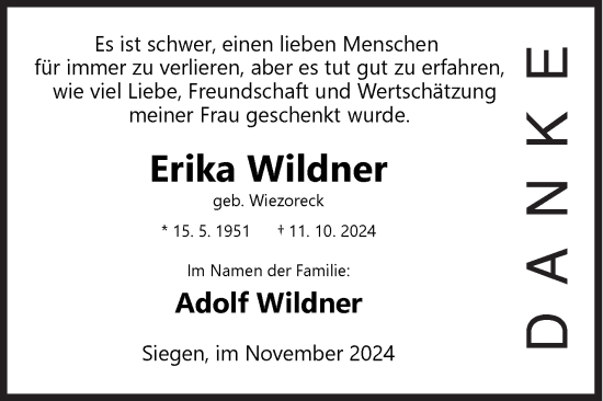 Traueranzeige von Erika Wildner von Siegener Zeitung