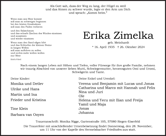 Traueranzeige von Erika Zimelka von Siegener Zeitung