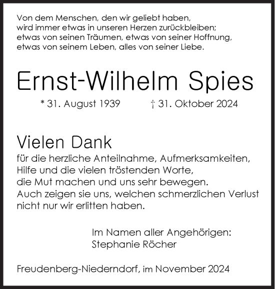 Traueranzeige von Ernst-Wilhelm Spies von Siegener Zeitung