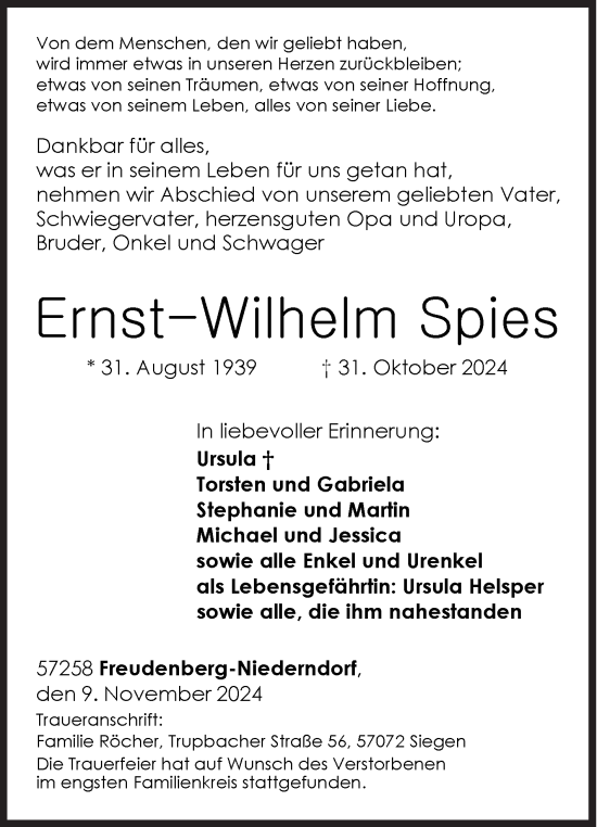 Traueranzeige von Ernst-Wilhelm Spies von Siegener Zeitung