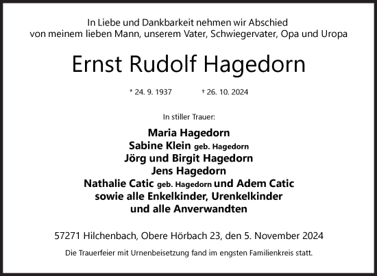 Traueranzeige von Ernst Rudolf Hagedorn von Siegener Zeitung