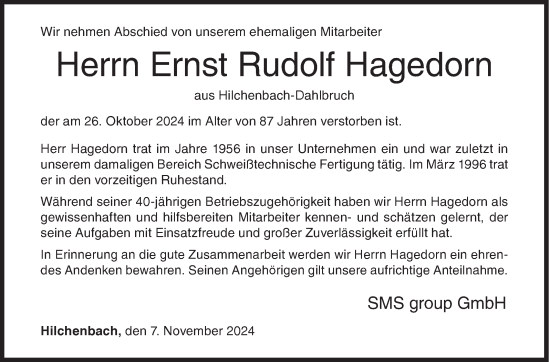 Traueranzeige von Ernst Rudolf Hagedorn von Siegener Zeitung