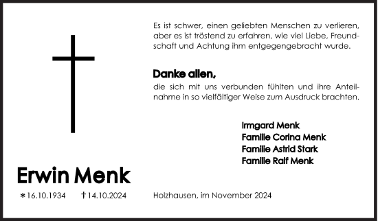 Traueranzeige von Erwin Menk von Siegener Zeitung