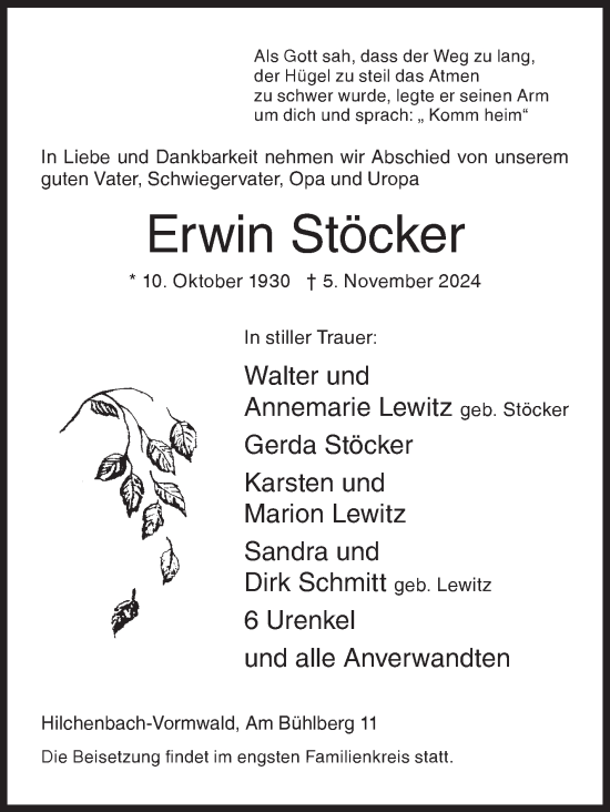 Traueranzeige von Erwin Stöcker von Siegener Zeitung