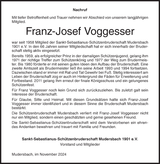 Traueranzeige von Franz-Josef Voggesser von Siegener Zeitung