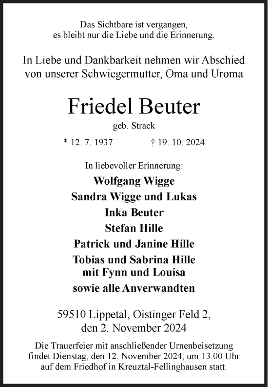 Traueranzeige von Friedel Beuter von Siegener Zeitung