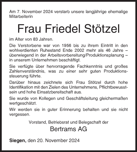 Traueranzeige von Friedel Stötzel von Siegener Zeitung