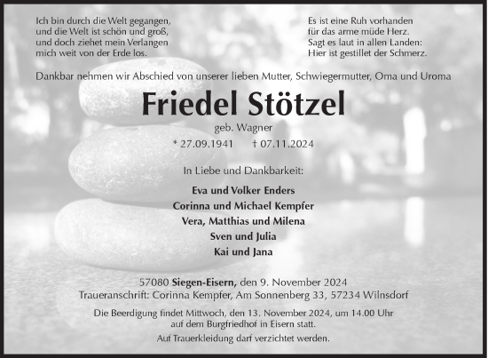 Traueranzeige von Friedel Stötzel von Siegener Zeitung