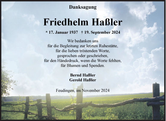 Traueranzeige von Friedhelm Haßler von Siegener Zeitung