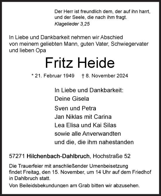 Traueranzeige von Fritz Heide von Siegener Zeitung