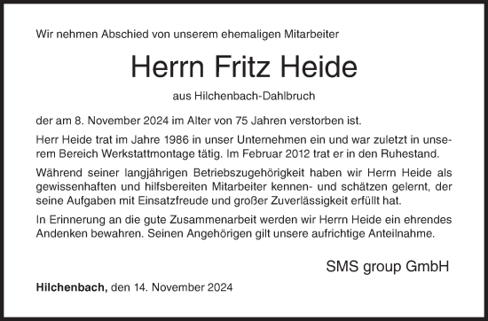 Traueranzeige von Fritz Heide von Siegener Zeitung
