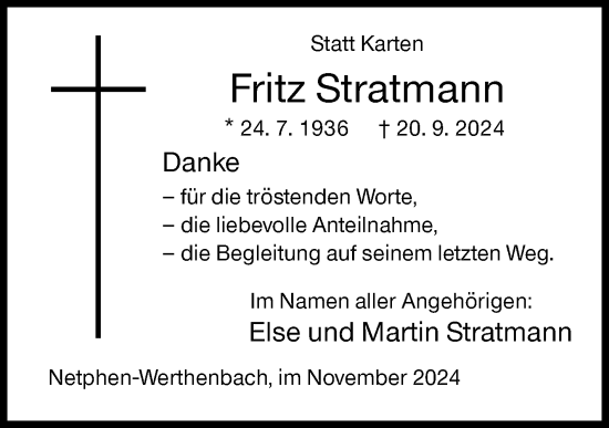 Traueranzeige von Fritz Stratmann von Siegener Zeitung