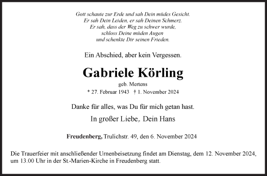 Traueranzeige von Gabriele Körling von Siegener Zeitung