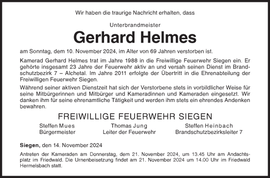 Traueranzeige von Gerhard Helmes von Siegener Zeitung