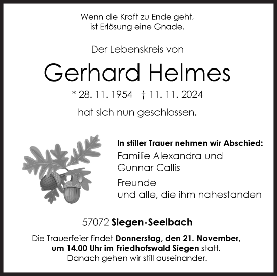 Traueranzeige von Gerhard Helmes von Siegener Zeitung