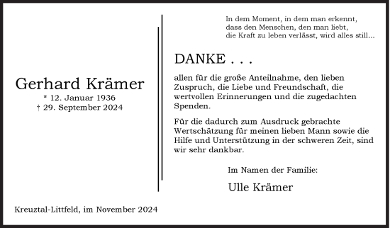 Traueranzeige von Gerhard Krämer von Siegener Zeitung