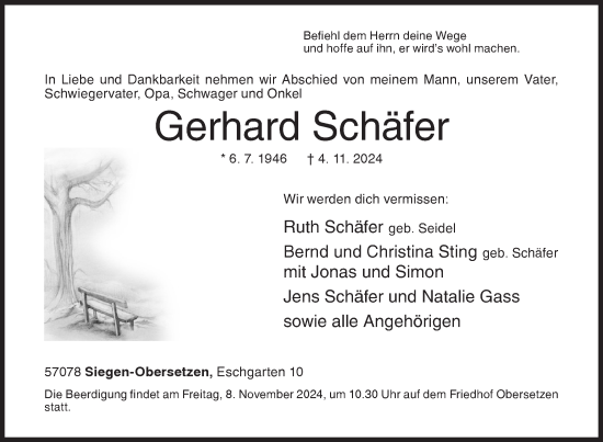 Traueranzeige von Gerhard Schäfer von Siegener Zeitung