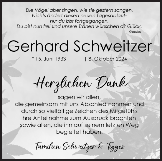 Traueranzeige von Gerhard Schweitzer von Siegener Zeitung