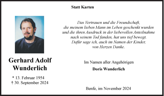 Traueranzeige von Gerhard Adolf Wunderlich von Siegener Zeitung